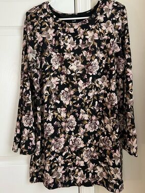 J. Jill Black & Purple Floral Luxe Supima Split Long Sleeve Sleeve Tunic Medium